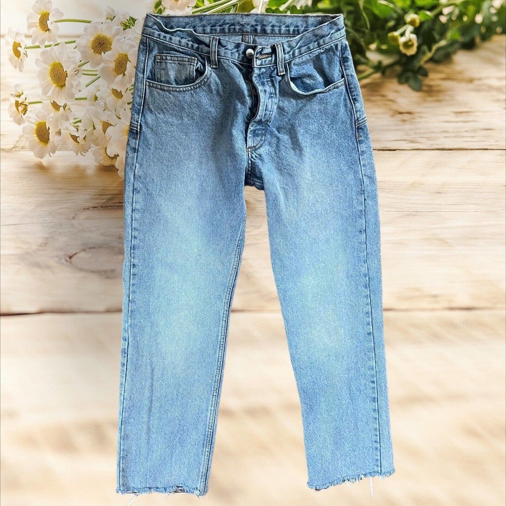 J Galt Brandy Melville Jeans Sz S Straight Leg Raw Hem 10" Rise Button Front Mom